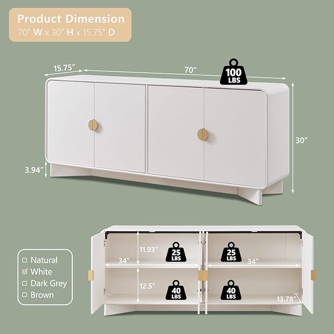 IFGET 70" Modern TV Stand for TVs Up to 80 inches, 30" Tall Entertainment Center with Storage and Adjustable Shelves, TV Console with Curved Profile Design, Media Console for Living Room, White