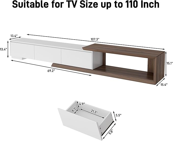 chartustriable Extendable TV Stand with 3 Drawers, Modern Minimalist Entertainment Center, Reversible Long TV Media Console, Bevel Design, 82-107.3 Inch, White & Walnut