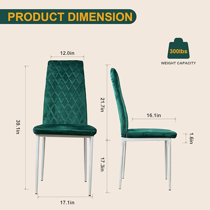 Dining Chairs Set of 2, Velvet Comfortable Seats, Mid-Century Modern Living Room Chairs, Upholstered Kitchen Chairs with Mental Legs and Padded Seat for Bedroom Office Easy Assembly, Green