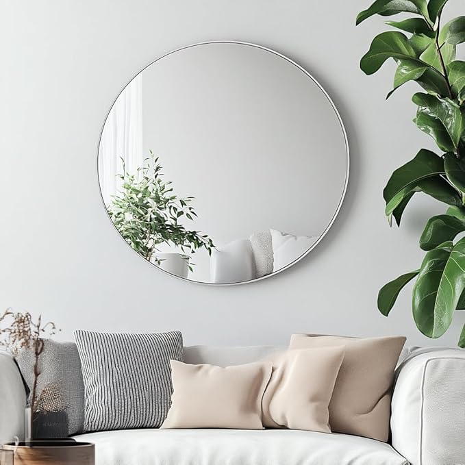 Oruii Silver Round Mirror, Silver Round Mirror 24 inch, Circle Bathroom Mirrors Metal Frame, Nickel Circle Mirrors for Wall, Over Sink, Bathroom, Living Room, Vanity, (Chrome)
