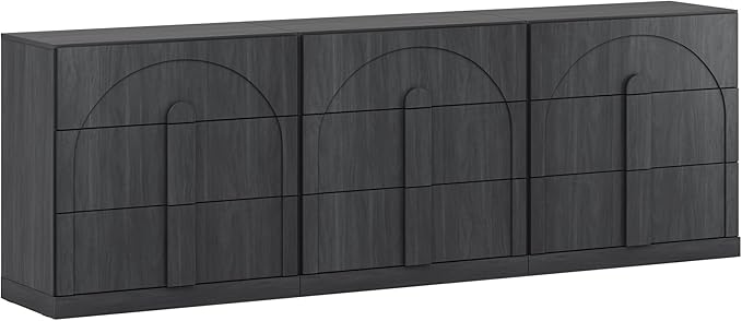 BELLEZE Sideboard Cabinet with 3 Drawers, Set of 3 Modern Wood Buffet Cabinet with Arc Design, Large Fluted Sideboard with Storage for Dining Room Living Room Entryway, Ebony