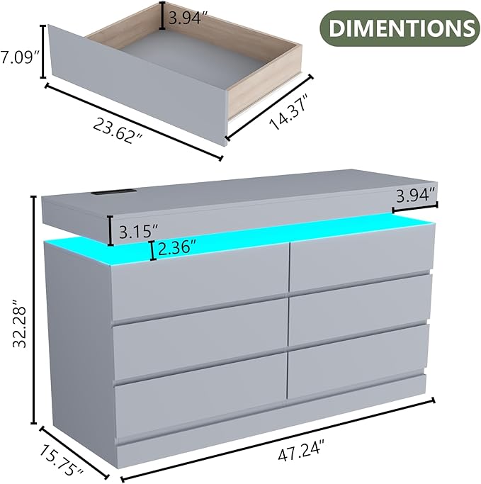 Gyfimoie 6 Drawer Dresser with Power Outlet, Dresser with LED Light, Modern Chest of Drawers for Closet, Double Wide Drawer Organizer Cabinet for Bedroom, Living Room (Grey, 6 Drawers)