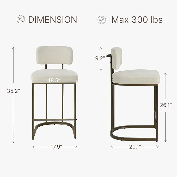 26" H Counter Height Bar Stools Set of 3, Modern Linen Fabric Upholstered Barstools with Backrest for Kitchen Island, Gold Metal Frames, Linen