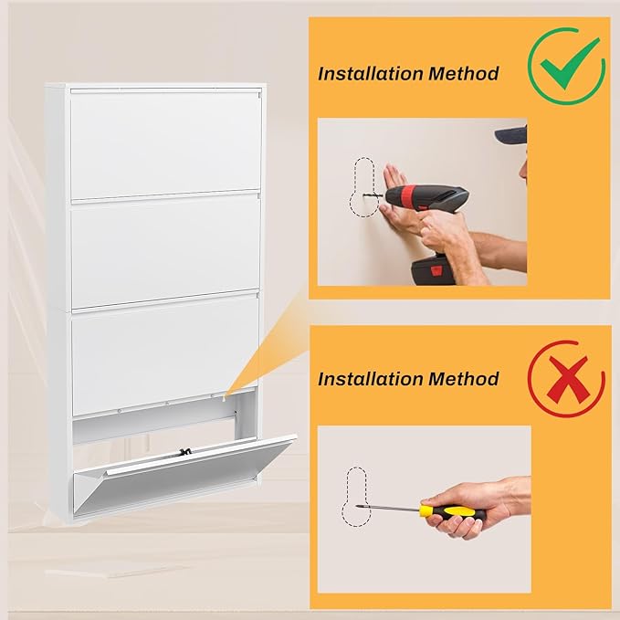 LUCYPAL Shoe Cabinet for Entryway,White Narrow Shoe Storage Cabinet with 4 Flip Drawers,Metal Slim Wall Mounted Shoe Cabinet for Entryway,Hallway,Living Room,White