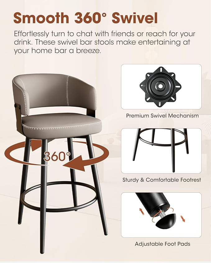Bar Stools Set of 6, 30" Swivel Bar Height Bar Stools with Curved Back, Mid-Century Modern Faux Leather Bar Chairs with Stitching for Kitchen Island, Dining, Living Room, Matte Gray