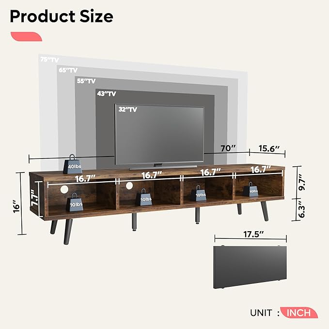 Bestier 70 inch Mid Century Modern TV Stand for 75 inch TV, Low Profile TV Stand with Storage, Entertainment Center for Living Room, Cord Management, Rustic Black