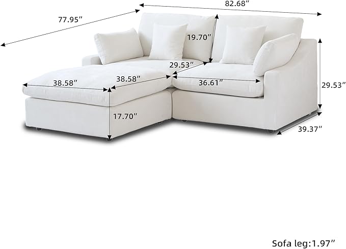 Modular Sectional Sofa Cloud Couch, 82.68" Loveseat Sofa with Chaise Ottoman, Linen Blend Fabric Minimalist Deep Seat Couches for Apartment Small Space, Sofa Covers Washable&Removable, White