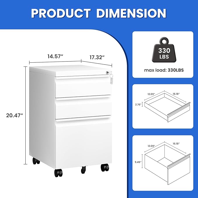 MIIIKO White Filing Cabinet 3 Drawers on Wheels Under Desk, Metal Rolling File Cabinet with Lock for Home Office, Small Mobile File Cabinet for Letter Legal File Folders, Un-Assembled