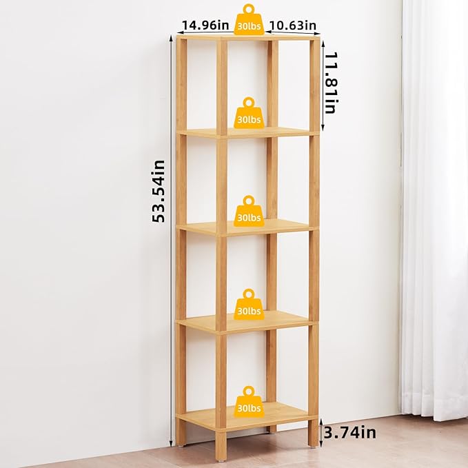YUFAM 54in Tall Bookshelf 5-Tier Small Narrow Bookcase, Skinny Book Shelf for Small Space, Farmhouse Slim Shelf with Storage, Wood Freestanding Display Thin Bookshelves for Living Room, Natural