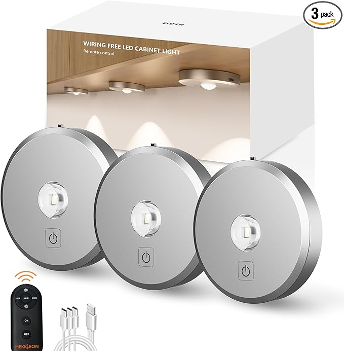 Puck Lights with Remote Control - Rechargeable, Wireless Under Cabinet Lighting, 2000mAh Battery Operated Tap Push Touch Lights, Silver, 3Pcs