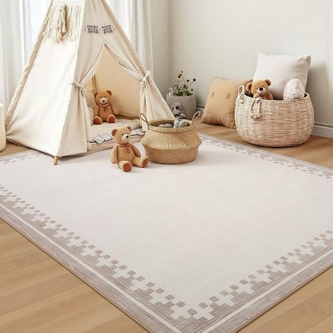 GarveeHome Washable Rug 4x6 for Living Room Entryway Nursery Modern Non Slip Low Pile Carpet Cross Bordered Neutral Indoor Area Rugs for Dining Room Kitchen Floor, Light Camel/Seashell