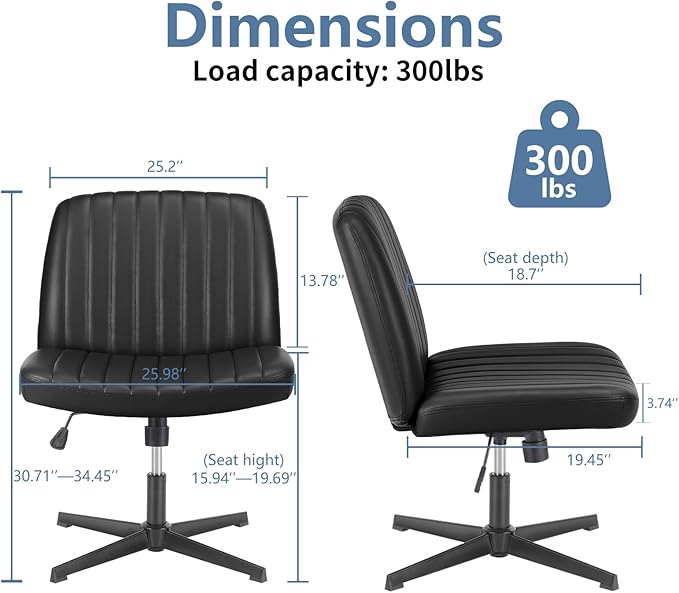 DUMOS Desk Chair No Wheels, Criss Cross Chair Wide Cross Legged Office Desk Vanity Chair, PU Leather Armless Adjustable Swivel Chairs for Home Computer Task Black