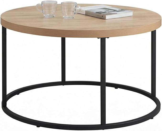 CENSI 31.5" Round Coffee Table, Modern Industrial Natural Oak Wood Center Table for Living Room, Sturdy Metal Legs, Thick 1.4" Scratch-Resistant Surface, Mid Century Farmhouse Circle Table