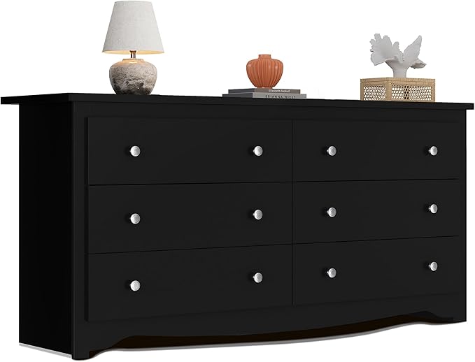 WLIVE Black Wooden Dresser for Bedroom, 6 Drawers Chest of Drawers, 59" Wide Modern Dresser Closet Storage Organizer for Living Room Hallway