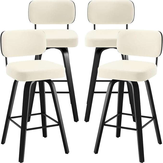 Bekrvio Swivel Bar Height Stools Set of 4, Upholstered Faux Leather Barstools with Back, 29" Seat Height Tall Bar Stools for Kitchen Counter, Black Wood Frame, Cream White