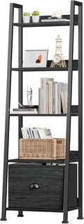 Furologee Ladder Shelf, Ladder Bookshelf with Drawer, Industrial 5 Tier Book Shelf, Display Open Bookcase Storage Shelves for Books, CDs, Photos, Black Shelving Unit for Home Office, Living Room