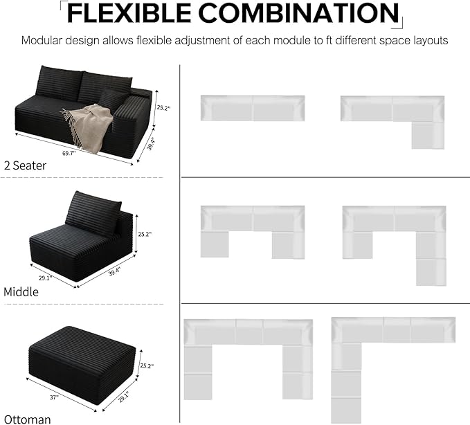 139.4" Modular Sectional Sofa, L-Shaped Minimalist Couches with Ottoman Chaise, Modern Deep Seat Convertible Sleeper Sofa,Cloud Plush Corduroy Fabric, No Assembly Required, 5 Seater, Black