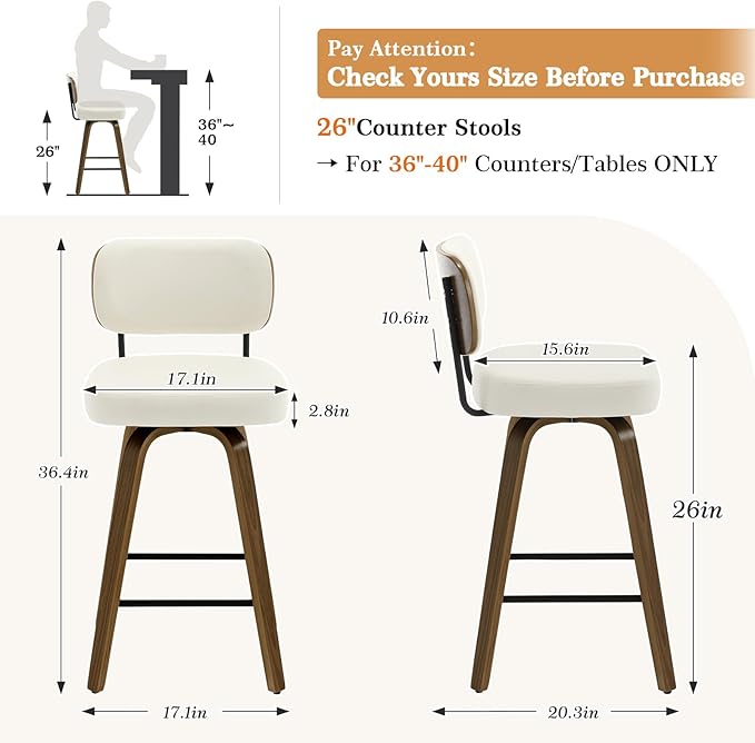 Bekrvio Swivel Counter Height Bar Stools Set of 4, 26" Upholstered Faux Leather Barstools with Back and Bent Wood Legs, Mid Century Modern Bar Chair Island Stool for Kitchen Counter, Cream White
