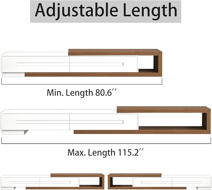Extendable TV Stand with 2 Drawers, 80"-115" Modern Wood TV Console for Up to 120 Inch TV, Long Reversible Entertainment Center with Storage for Living Room Bedroom, White& Walnut