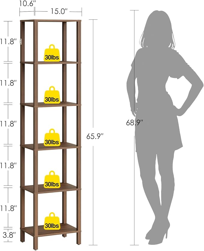Open Book Shelf, 6 Tier Tall Bookshelf, Freestanding Shelf Narrow Bookcase with Open Shelves, 14.57" x 10.63" x 65.83", Book Shelves for Living Room, Office, Study, Walnut
