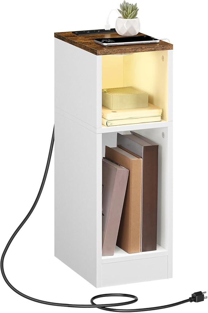 MAHANCRIS Narrow Nightstand with LED Light, Narrow End Table with Charging Station, Skinny Bedside Table for Small Spaces, Mid Century Modern Night Stand for Bedroom, Rustic Brown and White ETBR30E01