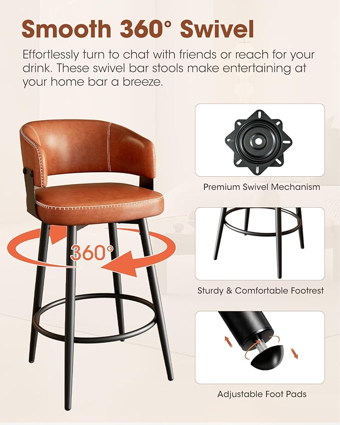 Bar Stools Set of 4, 30" Swivel Bar Height Bar Stools with Curved Back, Mid-Century Modern Faux Leather Bar Chairs with Stitching for Kitchen Island, Dining, Living Room, Vintage Brown