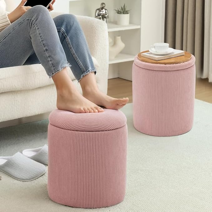 YSICK Round Ottoman with Storage, Set of 2, Small Vanity Stool as Vanity Chair, Corduroy Ottoman Foot Rest for Small Space, Living Room, Bedroom, Pink