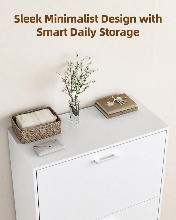 Shoe Cabinet with 3 Flip Drawers, Hidden Slim Freestanding Shoe Storage Cabinet, Narrow Freestanding Shoe Organizer for Entryway,Hallway, Living Room, White