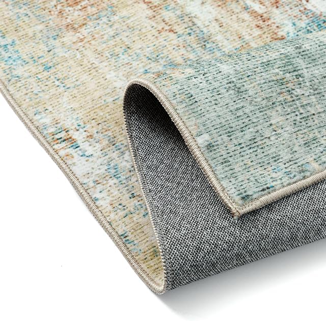 10x12 Washable Area Rug Teal Beige Abstract Non Slip Soft Low Pile Rug for Living Room Bedroom Dining Room Office Neutral Modern Indoor Large Throw Carpet for Home Decor