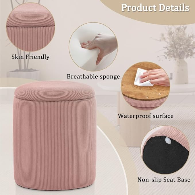 YSICK Round Ottoman with Storage, Set of 2, Small Vanity Stool as Vanity Chair, Corduroy Ottoman Foot Rest for Small Space, Living Room, Bedroom, Pink