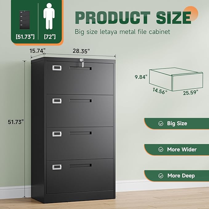 Letaya 4 Drawer File Cabinets with Lock,Metal Lateral Filing Storage Cabinet Printer Stand,Black Steel Home Office Cabinet for Hanging Files Letter/Legal/A4 Size (Black, H51.73×W28.35×D15.74)
