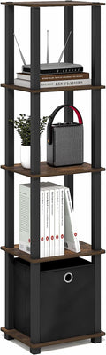 Furinno Turn-N-Tube Book Shelf, 5-Tier Square Open Frame Display Shelf, Corner Storage Shelves with Storage Bin, Shelving Unit, for Organization, Living Room, Garage, Home Office, Amber Pine