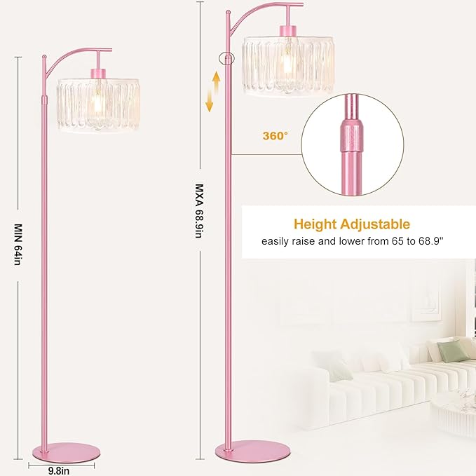 QIYIZM Pink Floor Lamp for Living Room,Bedroom,Gold Dimmable Standing Lamp with Remote,Mid Century Modern Brass Tall Lamp Boho Floor Lamps Arc Stained Glass Flower Floor Light Lamp Girls kids Bohemian