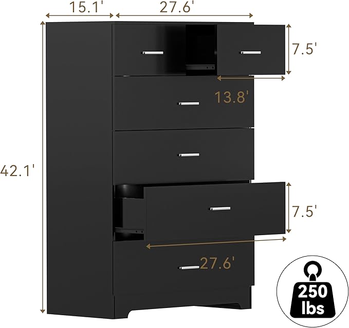 FJTJBSI Dresser with Power Outlets Wooden 6 Drawer Dresser with Large Organizer Black Tall Storage Organizer with Smooth Metal Rail Modern Chest of Drawers Closet for Bedroom Hallway
