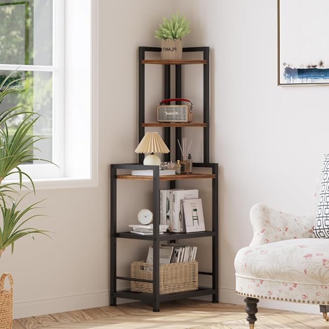 LINGMI Plant Stand, Corner Shelf Stand, 5-Tier Corner Bookshelf, Tall Standing Storage Shelf Organizer with Metal Frame & Wood Shelves, Plant Stand Indoor for Home Decor, Bedroom, Living Room, Office