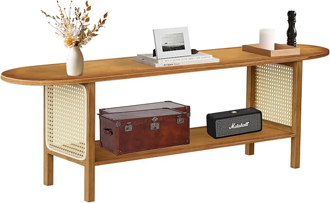 Bamboo TV Stand for TVs up to 65", Accent Entertainment Center with Storage, Media Console Table with Rattan, Modern TV Stand for Living Room, Bedroom, 55"(L), Walnut