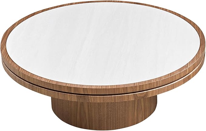 35.43" Farmhouse Round Coffee Table with Sintered Stone Tabletop, Sturdy Wood MDF Pedestal Coffee Tables for Living Room, Modern Circle Center Tea Table for Apartment, Office Bedroom Walnut