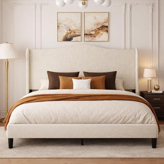 Queen Bed Frame with Extra Tall 55.5" Wingback Headboard, White Boucle Upholstered Platform Bed Frame, Modern Cloud Bed, Noise-Free, Metal Slats Support, No Box Spring Needed