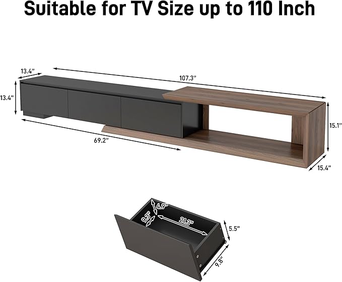 chartustriable Extendable TV Stand with 3 Drawers, Modern Minimalist Entertainment Center, Reversible Long TV Media Console, Bevel Design, 82-107.3 Inch, Black & Walnut