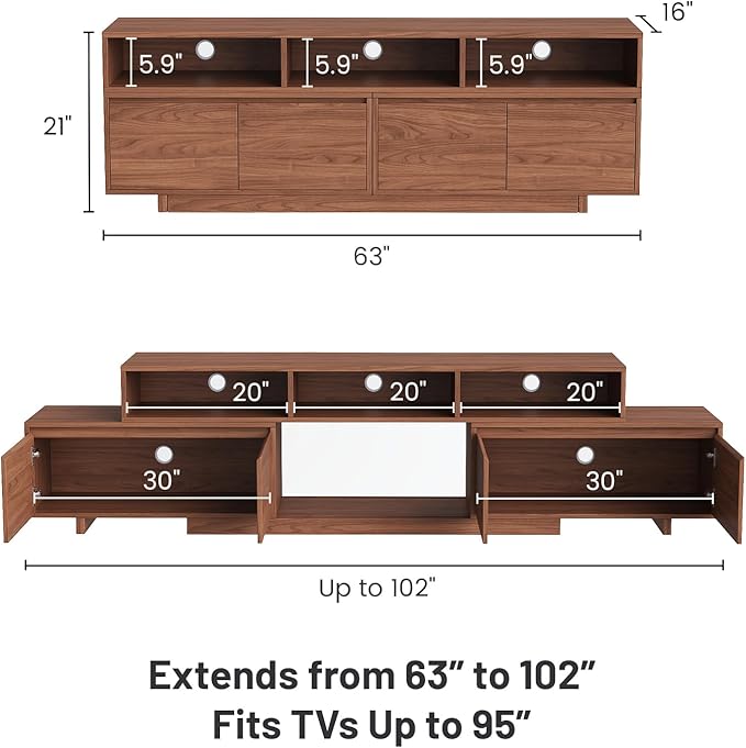 Extendable TV Stand for 65-100 Inches TVs - Walnut Entertainment Console with 2 Cabinets, 3 Open Compartments & 1 Adjustable Shelf, Cable Management, Adjustable Length 63''-94.5'' (Walnut, 63"-94.5")