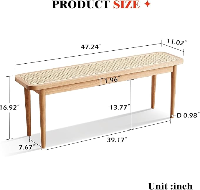 49.21’’-76.77’’ Extendable Dining Table and Chairs Set for 4, 100% Solid Wood Oak Dining Sets, Mid Century Modern Kitchen Table and Chairs Set for Living Room, Apartment (Table+Rattan Bench)