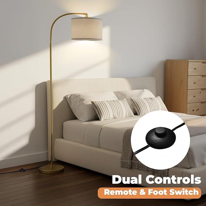 LALISU Arc Floor Lamps for Living Room, Modern Standing Lamp with Remote Dimmable Floor Lamp with Linen Shade, Tall Lamp for Bedroom Office Dining Room (Gold)