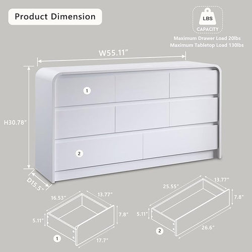 Aitjunz Modern 8 Drawers Dresser for Bedroom, 55" Wide Dressers & Chest of Drawers w/Curved Profile Design, Wood Mid Century Storage Dressers Organizer for Bedroom, Living Room, White