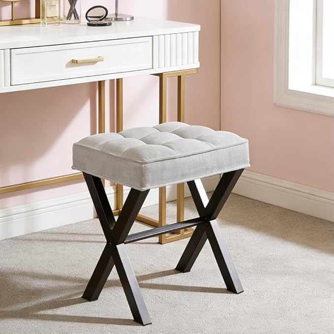 Modern Square Foot Stool Ottoman, Upholstered Vanity Chair with Metal X-Legs & Soft Linen Fabric - Versatile Seat and Footrest for Makeup, Living Room, Bedroom & Entryway (X-LightGray)