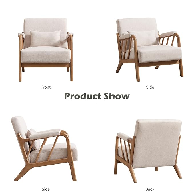 IOMOR Mid Century Modern Accent Chair with Solid Wood Frame Linen Fabric, Upholstered Living Room Chairs with Lumbar Cushion Padded Arms, Reading Armchair for Bedroom (2, Warm Beige)