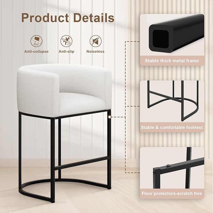 26" H Counter Height Bar Stools Set of 1, Modern Barrel Counter Stools with Backrest and Arms, Linen Fabric Upholstered Accent Barstools for Kitchen Island,Support 450 LBS (White)