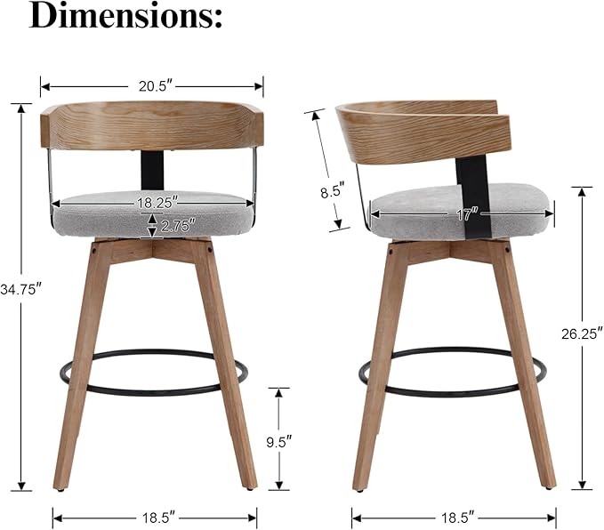 DUOMAY Swivel Bar Stools Set of 2, 26" Counter Height Bar Stool with Footrest Modern Wood Barstools with Linen Upholstered Seat Counter Stools for Kitchen Island Home Bar, Grey
