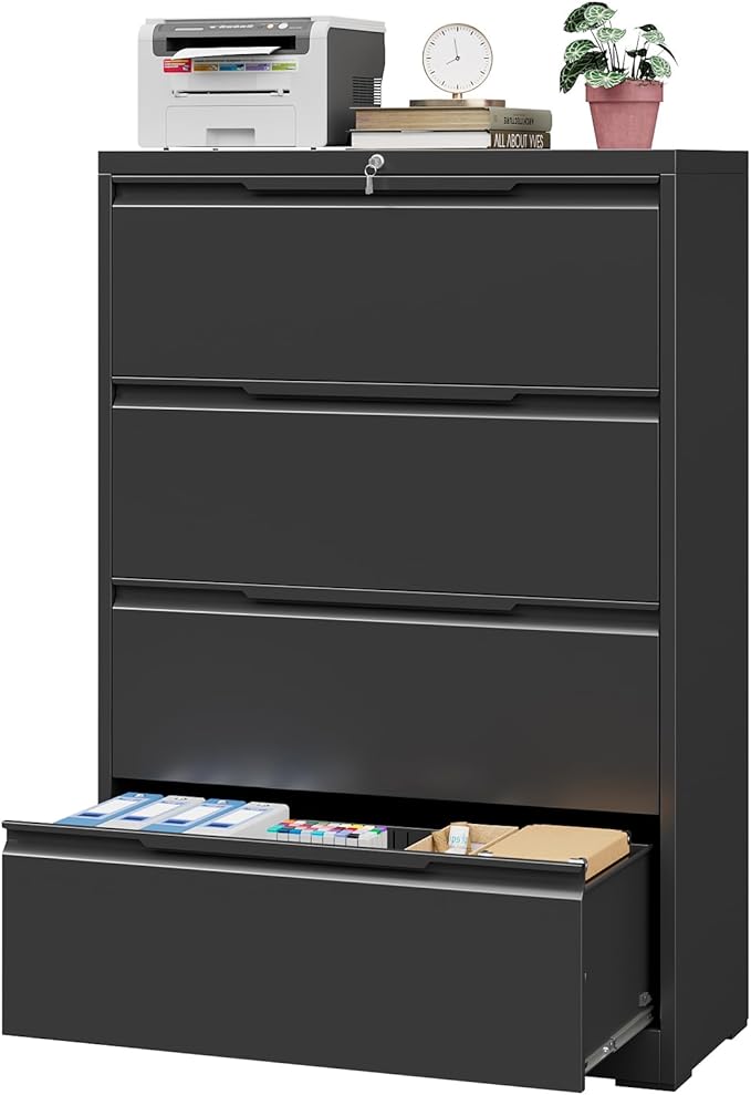 4 Drawer Lateral File Cabinet with Lock, Heavy-Duty Metal Vertical Filing Cabinet for Office, Steel Storage Compatible with Hanging Files Letter/Legal/F4/A4 Sizes, Black