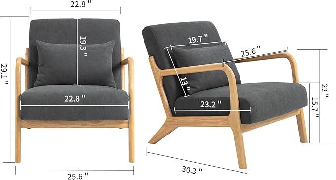 KEIKI Mid Century Modern Accent Chair Wood Frame, Cotton Linen Sleek Neutral Armchair for Living Room Bedroom Sunroom Apartment Studio, Urban Lounge Seat with Waist Cushion, Padded, Easy Setup, Grey