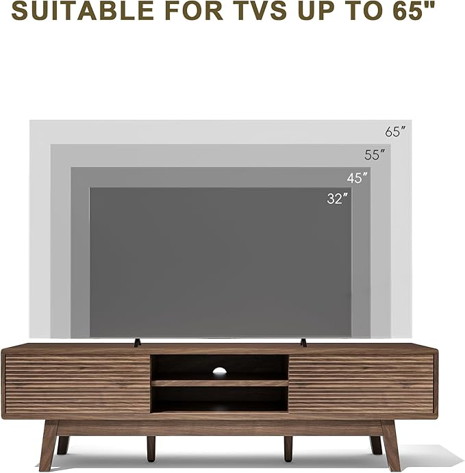 MU 59 Inch TV Stand for TVs up to 65 Inch, Mid Century Modern TV Console with Fluted Sliding Doors & Shelves, Low Profile Entertainment Center for Bedroom, Living Room (Walnut, 59")